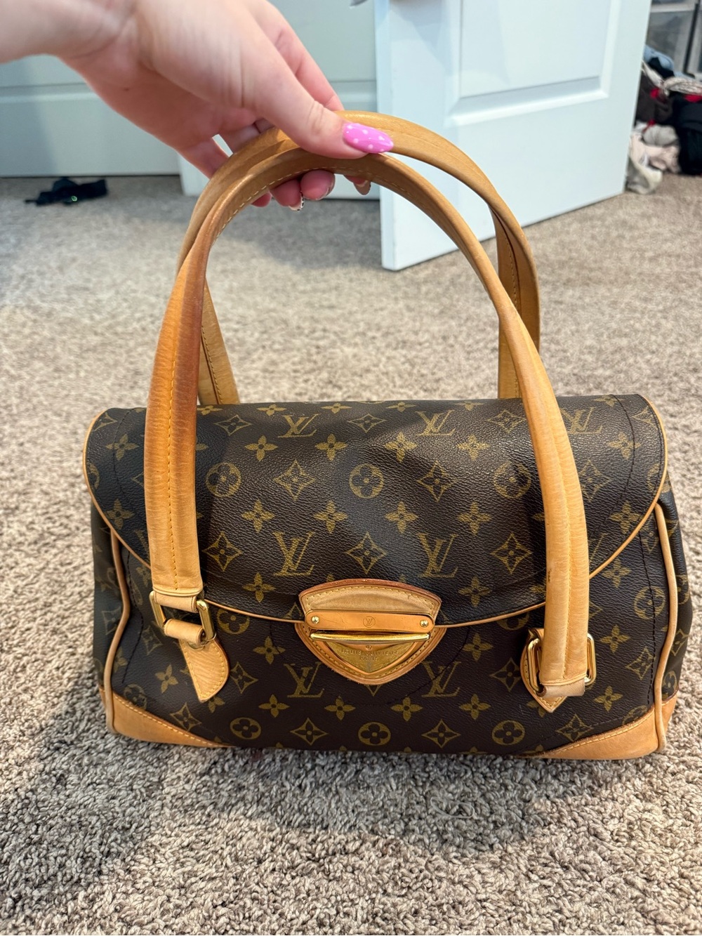 Louis Vuitton Brown Monogram Canvas Shoulder Bag with Tan Leather Trim